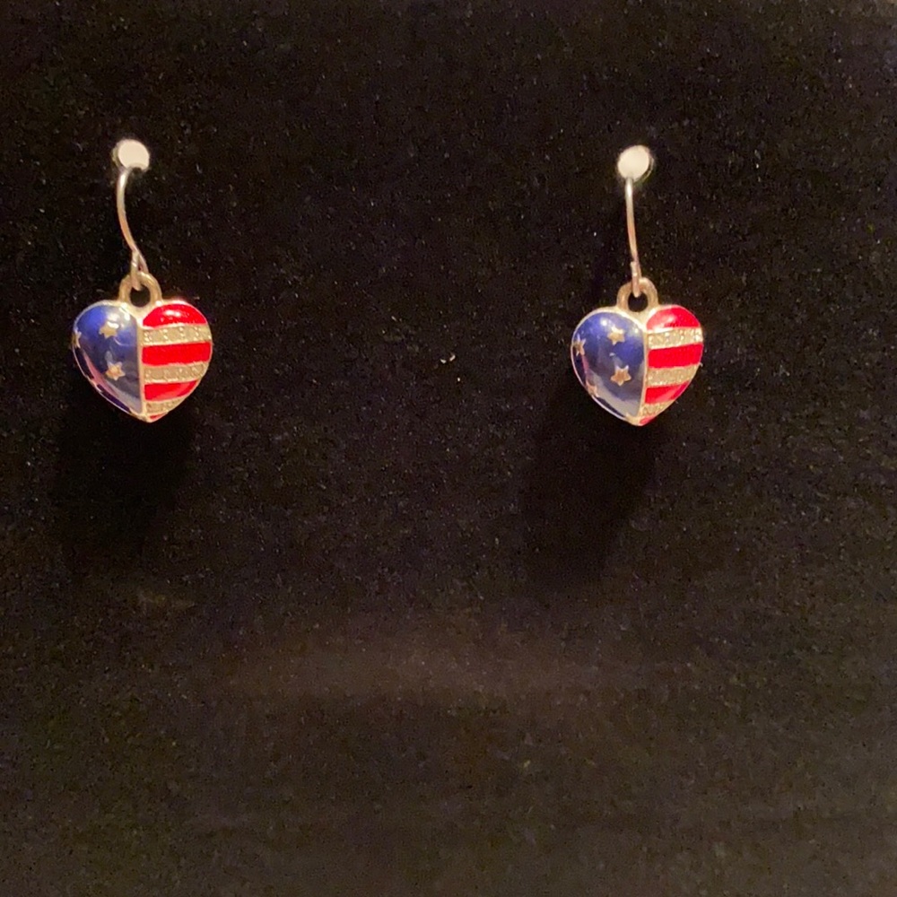 Enameled Heart Earrings with red, white & blue with stars & stripes - Picture 3 of 5